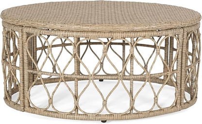 Boho Round Coffee Table - Circular Rattan Patio Coffee Tables, All-Weather and Rust Resistant, Bohemian Design Outdoor Furniture for Patio, Poolside, Garden, Yard, Backyard, Balcony