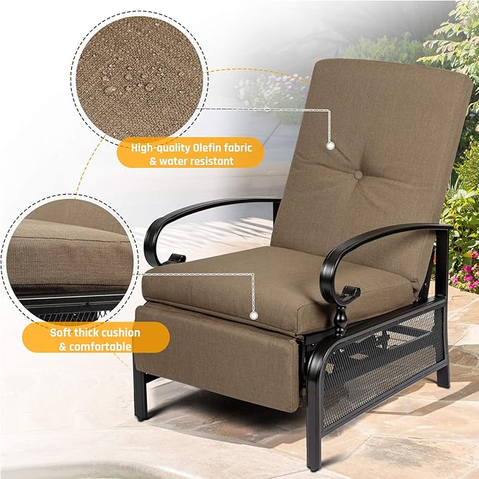 SUNCROWN Outdoor Recliner Chair Patio Adjustable Recliner Chair and Side Bistro Table with Umbrella Hole, Brown