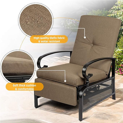SUNCROWN Outdoor Recliner Chair Patio Adjustable Recliner Chair and Side Bistro Table with Umbrella Hole, Brown