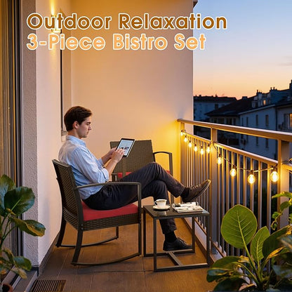Greesum 3 Piece Patio Furniture Set, All-Weather Imitation Rattan Conversation Set, Outdoor Rocking Chair Bistro Set with Glass Top Coffee Table for Pool, Deck, Porch, Garden or Balcony, Red