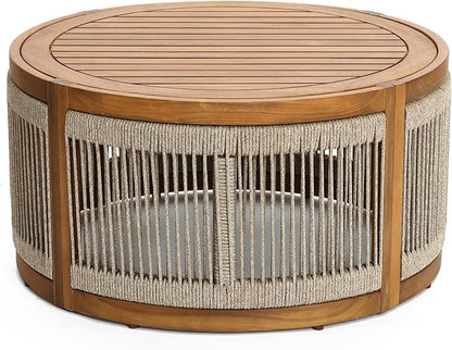 LuxenHome Outdoor Coffee Table, 31'' Acacia Wood Rope Drum Round Sides Patio Tables, Modern Farmhouse Garden Coffee Table, Outdoor Furniture for Porch, Balcony, Outside Furniture