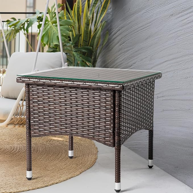 20 inch Patio Side Table, Outdoor Patio Wicker Square End Table with Adjustable Feet Pads and Double Storage Layer, All-Weather Rattan Coffee Tables Porch Furniture for Backyard Poolside Garden