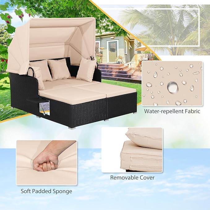 ORALNER Outdoor Daybed, 2-Person Wicker Patio Sofa with Retractable Canopy, Cushions & Pillows, 2 Side Trays, PE Rattan Double Sunbed Lounger for Deck Poolside Backyard Garden Balcony (Khaki)