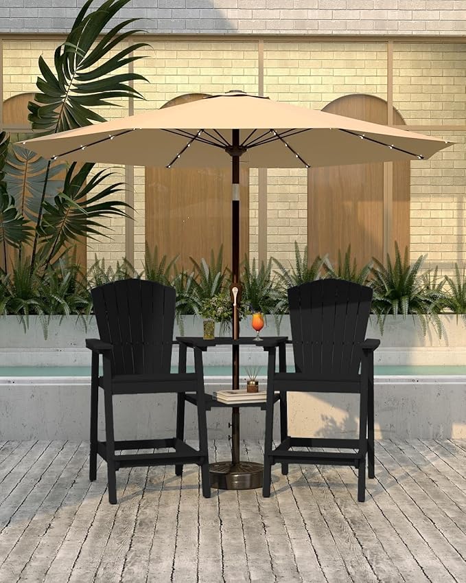 Tall Adirondack Chairs Set of 2 with Removable Tray, HDPE Bar Height Adirondack Bar Stools, High Back Patio Chairs for Balcony, Deck, Lawn, Backyard, All-Weather Outdoor Furniture, Black
