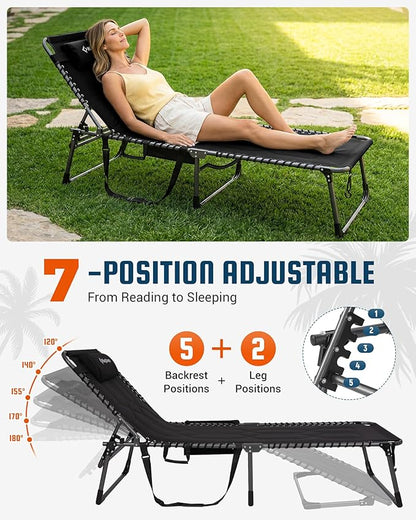 KingCamp Oversized Tanning Chair, Extra-Wide Padded Folding Chase Lounge Chairs Portable Adjustable 5-Position 440lbs Heavy Duty Lounger with Double-Layer Oxford for Outdoor Beach Patio Sun Pool Black