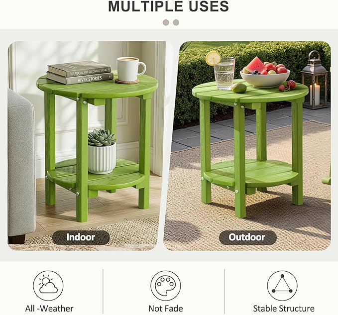 2 Tier Round Outdoor Side Table with Wood-Like Grain, HDPE Adirondack Table Patio Side Table, Weather Resistant End Table for Pool, Patio & Porch, Small Outdoor Table (Lime, Round)