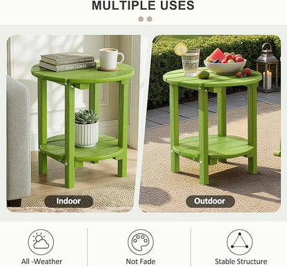 2 Tier Round Outdoor Side Table with Wood-Like Grain, HDPE Adirondack Table Patio Side Table, Weather Resistant End Table for Pool, Patio & Porch, Small Outdoor Table (Lime, Round)