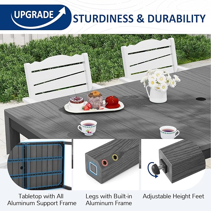 Outdoor Dining Table, Weatherproof 63" Rectangle HIPS Patio Dining Table for 6, with 2" Umbrella Hole, Outdoor Table for Backyard Deck Poolside, Gray