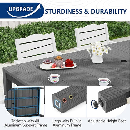 Outdoor Dining Table, Weatherproof 63" Rectangle HIPS Patio Dining Table for 6, with 2" Umbrella Hole, Outdoor Table for Backyard Deck Poolside, Gray