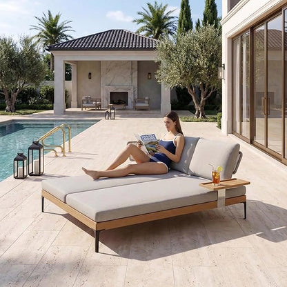 PURPLE LEAF Outdoor Daybed Patio Loveseat Sofa 2-Person Aluminum Chaise Lounge Cushioned Furniture Set with Tray and Wicker Armrest for Pool Garden Backyard Porch, Pillows Included