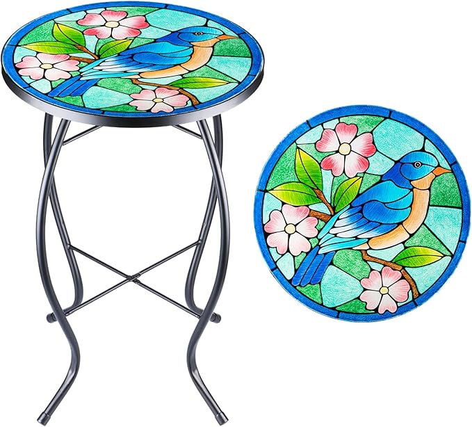 VCUTEKA Patio Side Table Outdoor Accent Table Bistro Coffee Table Plant End Table Small Porch Table Indoor Round Glass Balcony Bluebird Plant Table Stands