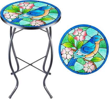 VCUTEKA Patio Side Table Outdoor Accent Table Bistro Coffee Table Plant End Table Small Porch Table Indoor Round Glass Balcony Bluebird Plant Table Stands