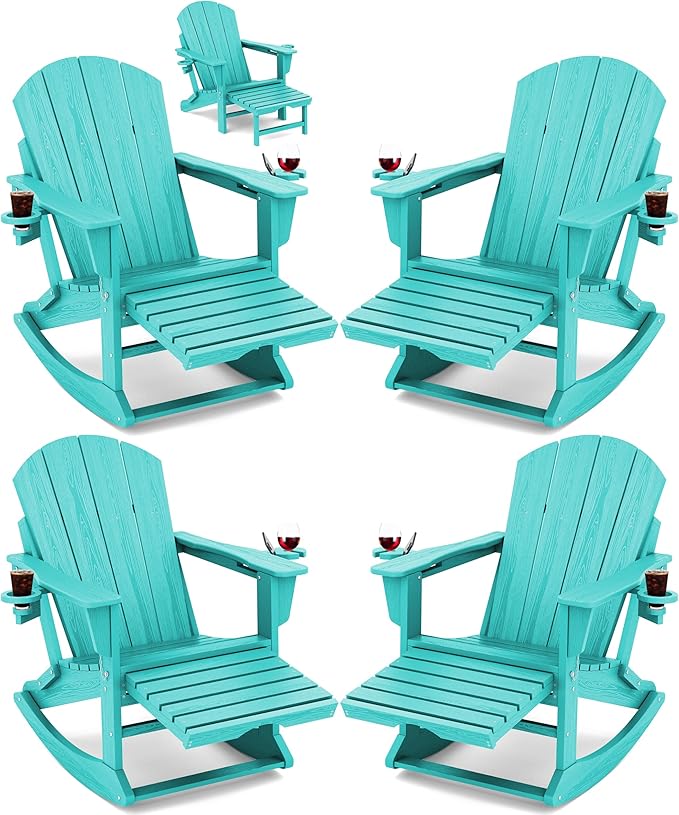 KINGYES Adirondack Rocking Chair Set of 4 with Retractable Ottoman and Cup Holders, HDPE Adirondack Rocker Patio Rocking Chair for Porch, Patio, Balcony, Aqua Blue