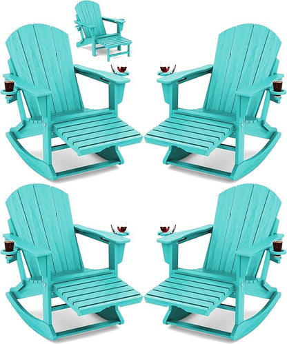 KINGYES Adirondack Rocking Chair Set of 4 with Retractable Ottoman and Cup Holders, HDPE Adirondack Rocker Patio Rocking Chair for Porch, Patio, Balcony, Aqua Blue