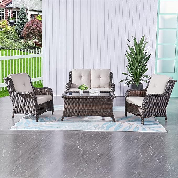 HUMMUH 4 Piece Patio Conversation Furniture Set PE Wicker Rattan Outdoor Loveseat Sofa,Patio Chairs,Coffee Table for Garden,Poolside,Backyard,Deck