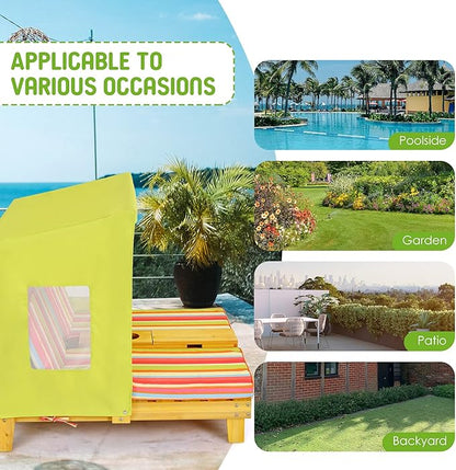 COSTWAY Kids Double Chaise Lounge Outdoor, 2-Seat Patio Lounge Chair with Cup Holders & Cushions, Kids Beach Chair with Canopy, Wood Patio Furniture for Children Boys Girls 3-8 Year Old