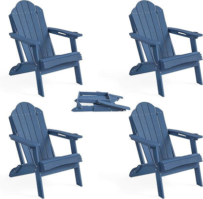 LUE BONA HDPE Folding Adirondack Chairs Set of 4 - Weather Resistant Seating with Cup Holder for Patio, Fire Pit, Deck & Resort Garden, Blue