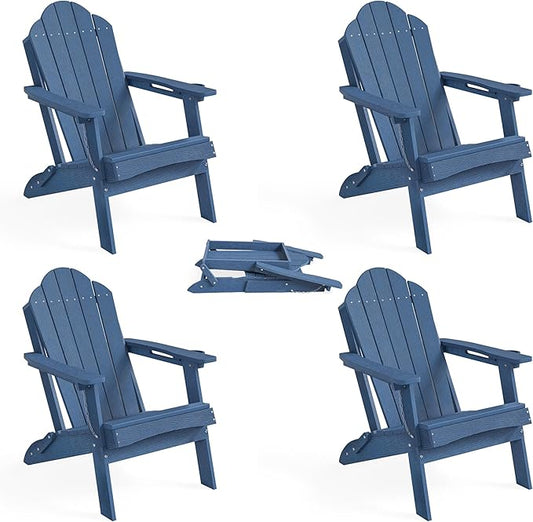 LUE BONA HDPE Folding Adirondack Chairs Set of 4 - Weather Resistant Seating with Cup Holder for Patio, Fire Pit, Deck & Resort Garden, Blue