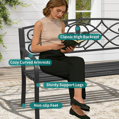 Metal Bench Patio Bench, Outdoor Benches Weatherproof with Floral Backrest, Wrought Iron Garden Benches for Outdoors, Patio, Garden, Park, 2 Pack