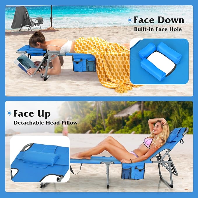 Goplus Tanning Chair, Folding Adjustable Patio Lounge Chair with Face Hole, Removable Pillow, 330LBS, Carry Strap, Outdoor Sunbathing Chair, Lightweight Portable Beach Lounge Chair (2, Navy)