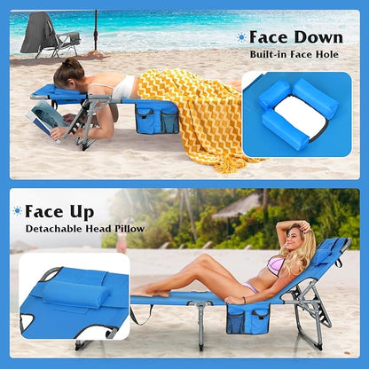 Goplus Tanning Chair, Folding Adjustable Patio Lounge Chair with Face Hole, Removable Pillow, 330LBS, Carry Strap, Outdoor Sunbathing Chair, Lightweight Portable Beach Lounge Chair (2, Navy)