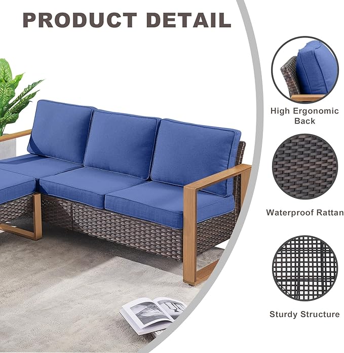 Rilyson Outdoor Wicker Patio Furniture Set - 6 Piece Patio Conversation Set with 2 Wicker Swivel Rocker Chairs,2 Rattan Ottoman,1 Side Table and 1 Couch,Thick Cushions,Deep Seating(Brown/Blue)