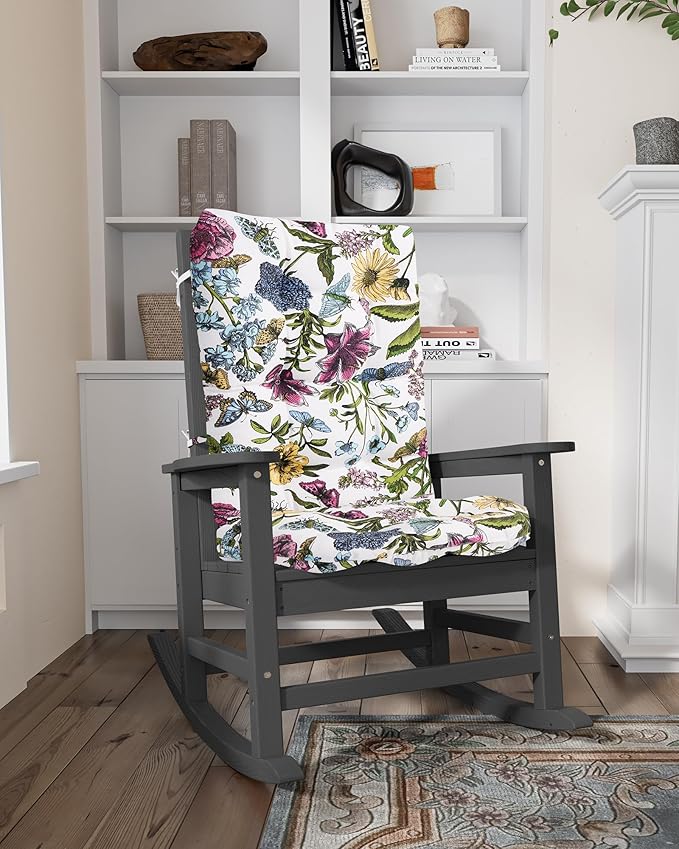 SERWALL SEWALL Oversized Outdoor Rocking Chair with Cushion, Patio Rocking Chairs for Porch, Gray HDPR Rocker+Flower Cushion