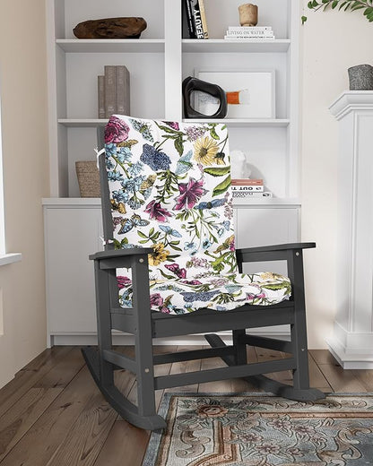 SERWALL SEWALL Oversized Outdoor Rocking Chair with Cushion, Patio Rocking Chairs for Porch, Gray HDPR Rocker+Flower Cushion