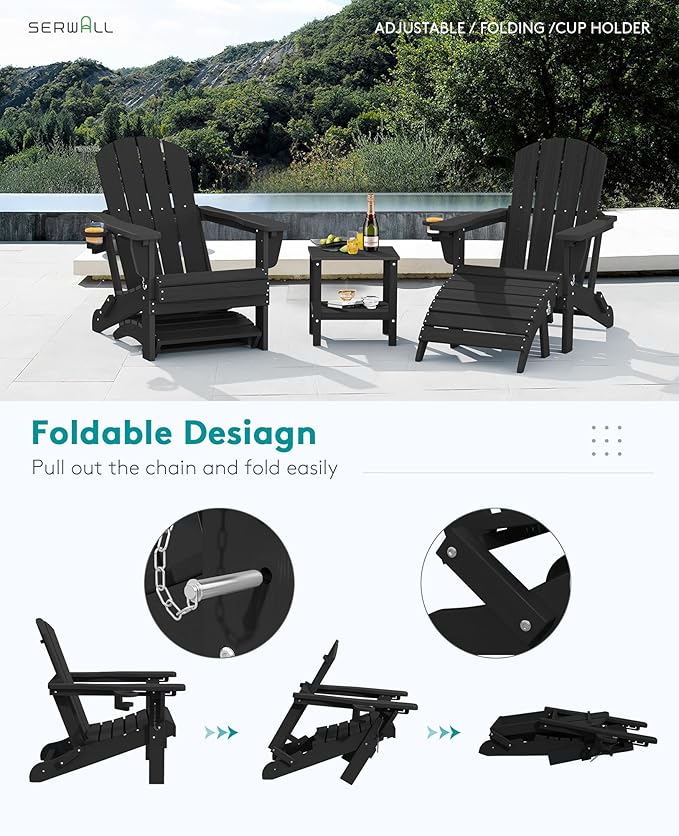 SERWALL 5-Piece Adjustable Adirondack Chair and Ottoman and Table Set, Black - Photo 4