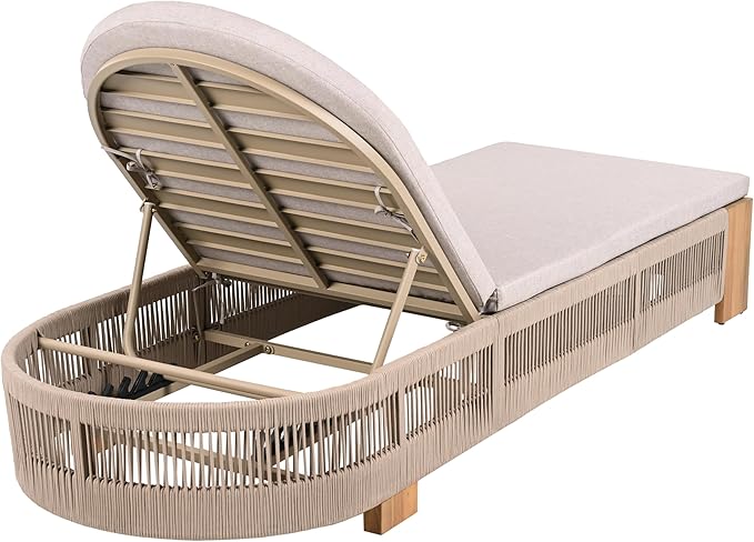 Christopher Knight Home Daskz Patio Chaise Lounge Chair Set of 2, Patio Outdoor Acacia Wood Chaise Lounge with Cushions, Adjustable Backrest Poolside Beach Yard Seating, Rope Design, 79.5'',Teak+Beige