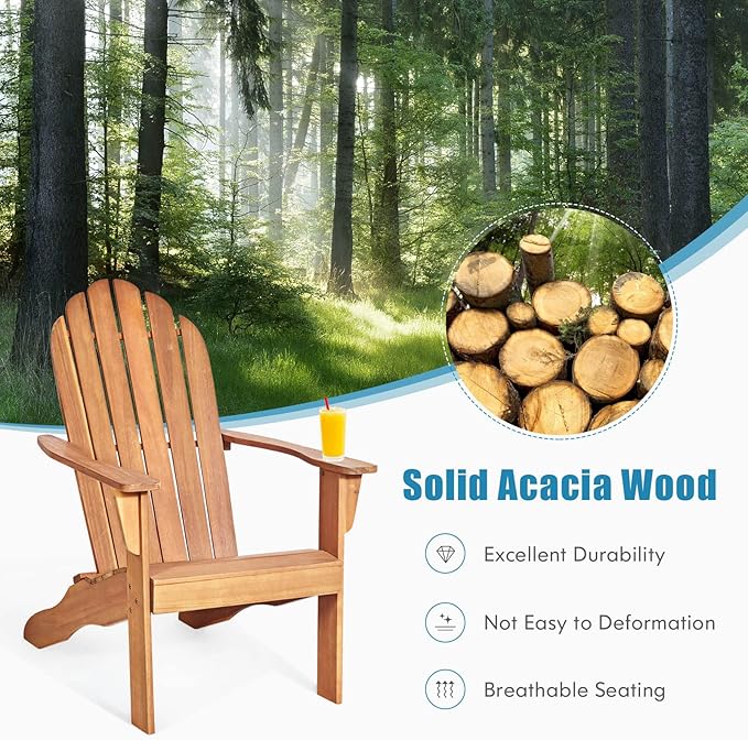 Tangkula Adirondack Chair, Acacia Wood Adirondack Lounger Chair, Outdoor Armchairs with Slatted Seating, Weather Resistant
