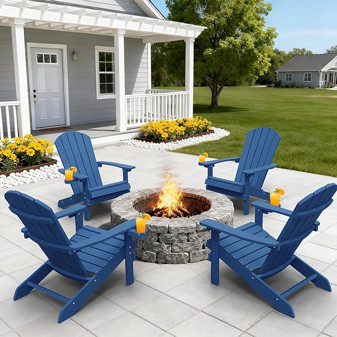 YEFU Adirondack Chairs Set of 4 for Outdoor: Zero Gravity Fire Pit Chairs Plastic with Cup Holders - Sturdy All-Weather HIPS with Wood Texture for Patio Backyard Lawn - Easy Assembly(Navy)