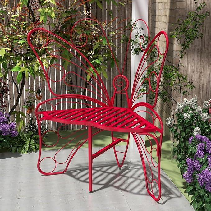Butterfly Shaped Outdoor Bench, Garden Bench with Sturdy Stable Metal Frame, Outdoor Metal Chair Butterfly Bench for Garden, Yard, Balcony, Lawn. (Red/Small)
