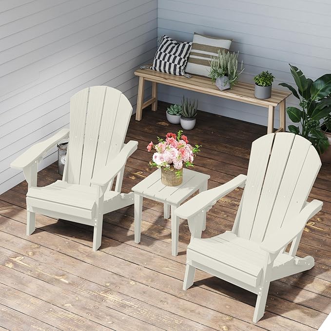 Foldable Adirondack Chair with Cup Holder-Heavy Duty Recycled HDPE Outdoor Patio Furniture, Weather Resistant Deck Lawn Fire Pit Chair (White, 4 Chair)