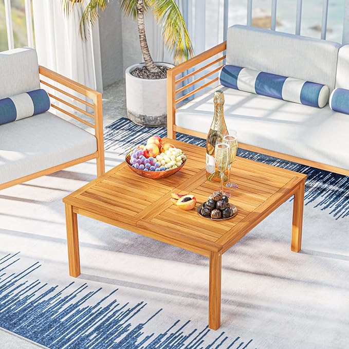 HAPPYGRILL Outdoor Coffee Table Acacia Wood Patio Table with Slatted Tabletop, Square Coffee Table for Outside Balcony, Garden & Poolside, Natural