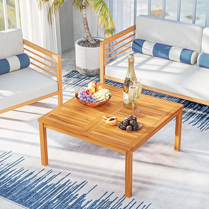 HAPPYGRILL Outdoor Coffee Table Acacia Wood Patio Table with Slatted Tabletop, Square Coffee Table for Outside Balcony, Garden & Poolside, Natural