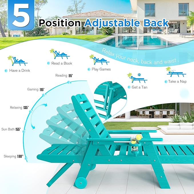 nalone HDPE Chaise Lounge Chair Outdoor with Wheels & Cup Holder, Pool Lounge Chairs with 5-Position Adjustable Backrest, Supports Up to 400 LBS for Patio Poolside Deck Beach Backyard (Aruba)