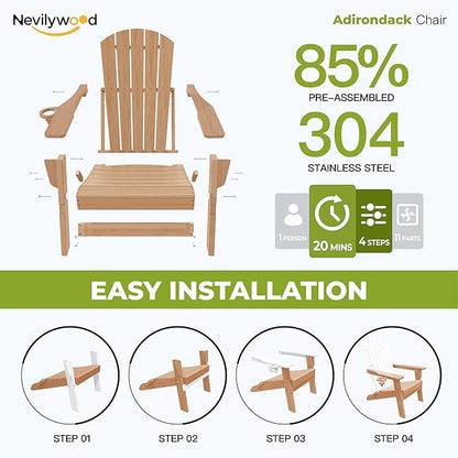 nevilywood HDPE Foldable Fire Pit Chairs Set of 2 with Cup Holders, Wood Grain, Durable Design, Perfect for Patio, Backyard & Outdoor Gatherings, Teak