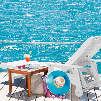 VINGLI HDPE Outdoor Chaise Lounge Chair with Wheels, Patio Lounge Chairs with 5-Position Adjustable Backrest, Chaise Lounge for Outside Pool Poolside Deck Backyard Lawn (White, 1 PC)