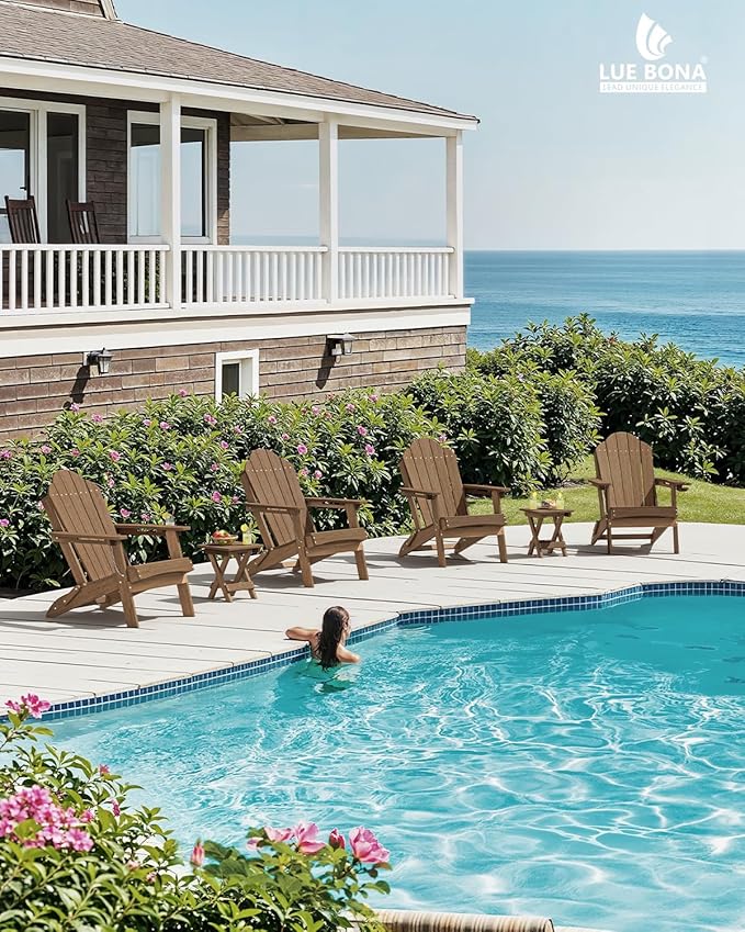 LUE BONA Folding Adirondack Chair, Chairs Set of 6, Cup Holder, Woodgrain, Fire Pit, Patio, Pool, Brown - Photo 6