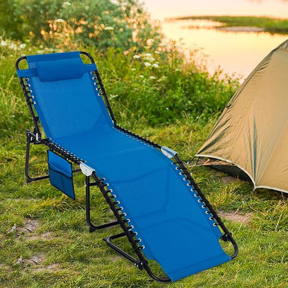 Tangkula Beach Lounge Chair for Outside, Folding Chaise Lounge Outdoor with 4-Position Backrest, Removable Headrest and Side Pocket, Portable Sunbathing Tanning Chair for Patio, Poolside (1, Navy)