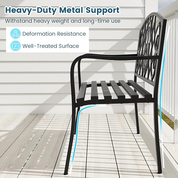 Tangkula Metal Outdoor Garden Park Bench, 50.5 Inch Metal Slatted Loveseat for 2-3 with Cast Iron Floral Backrest, Heavy-Duty Patio Seating Furniture for Backyard, Porch, Balcony