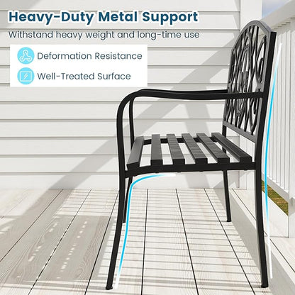 Tangkula Metal Outdoor Garden Park Bench, 50.5 Inch Metal Slatted Loveseat for 2-3 with Cast Iron Floral Backrest, Heavy-Duty Patio Seating Furniture for Backyard, Porch, Balcony
