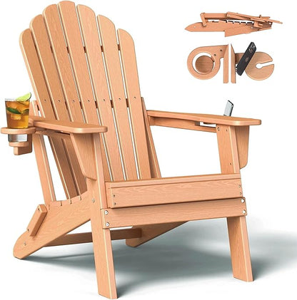 Oversized Adirondack Chair with Dual Cup Holders, Ergonomic High Back HDPE Fire Pit Chair, 380lbs Capacity All-Weather Outdoor Patio Lounge Chair for Garden, Deck, Yard - Cedar