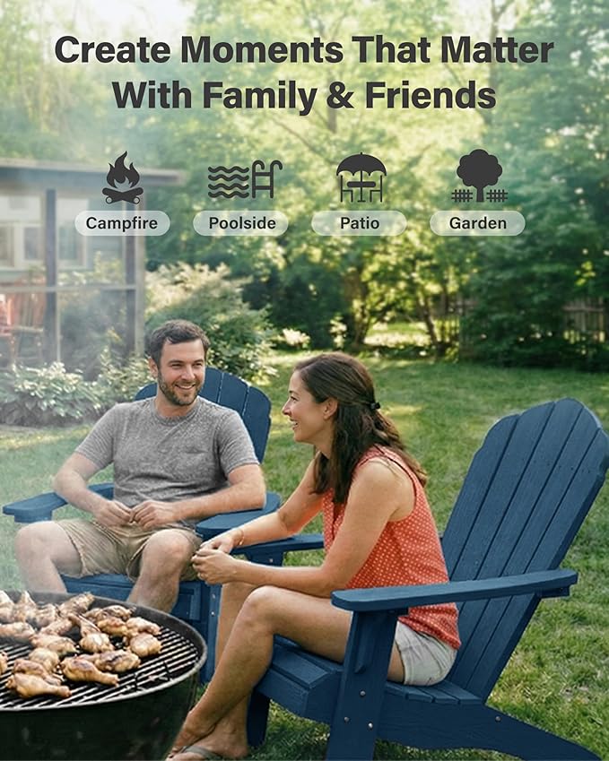 Oversized Plastic Adirondack Chair Set of 2 with Cup-Holder (Large Dual-Purpose), Weather Resistant, Poly Lumber Outdoor Chairs Duty Rating Widely Used in Patio, Lawn, Outside, Deck, Garden -Navy blue