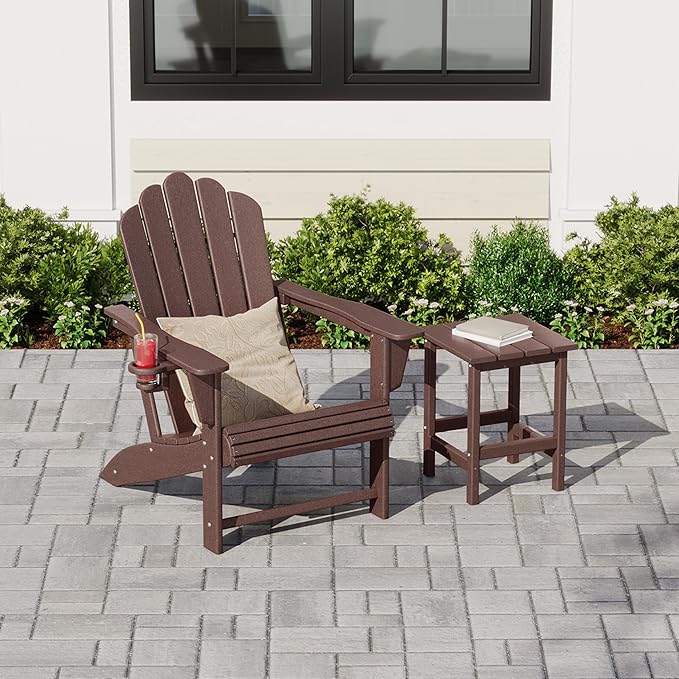 Costaelm Lakeview Outdoor Patio HDPE Adirondack Chair with Cup Holder and Table Set, Dark Brown