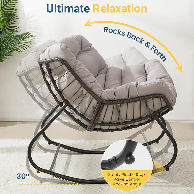 Wisteria Lane Patio Rocking Chair with Ottoman, Outdoor Indoor Rocking Egg Chair with Cushions, Metal Lounge Chair Oversized Papasan Chair, Outdoor Wicker Reading Chair for Porch Garden, Light Grey