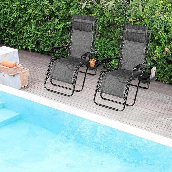 TLSUNNY Zero Gravity Chair Set of 2, Outdoor Folding Lounge W/Detachable Headrest & Holder Tray, Adjustable Textilene Lawn Reclining, No Assembly Required, for Patio, Garden, 330LBS (1, Grey)