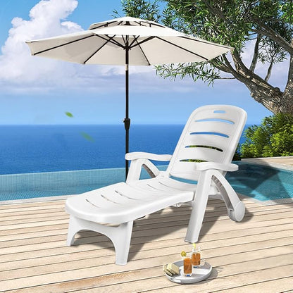 Giantex Folding Lounger Chaise Chair on Wheels Outdoor Patio Deck Chair Adjustable Rolling Lounger 5 Position Recliner w/Armrests (2, White)