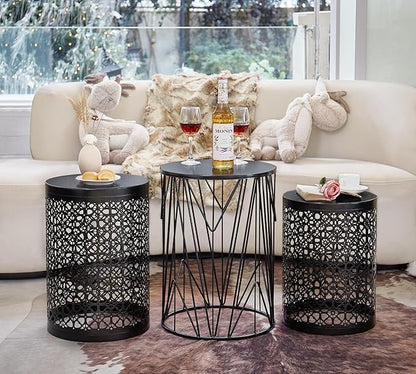 Y&M Set of 3 Black Round Nesting Tables, Multifunctional Coffee Table End Table, Side Table for Indoor, Outdoor Garden Stool-Carbon Black(Ship from US)